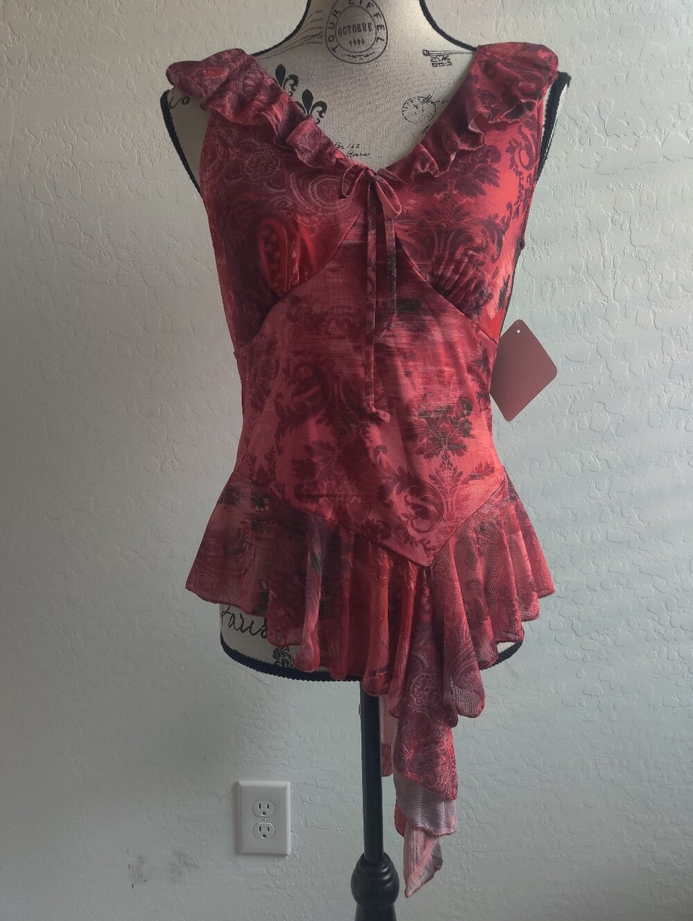 🆕 Rebellious Red Floral Paisley Ruffled Asymmetric Peplum Top Fairy Whimsigoth